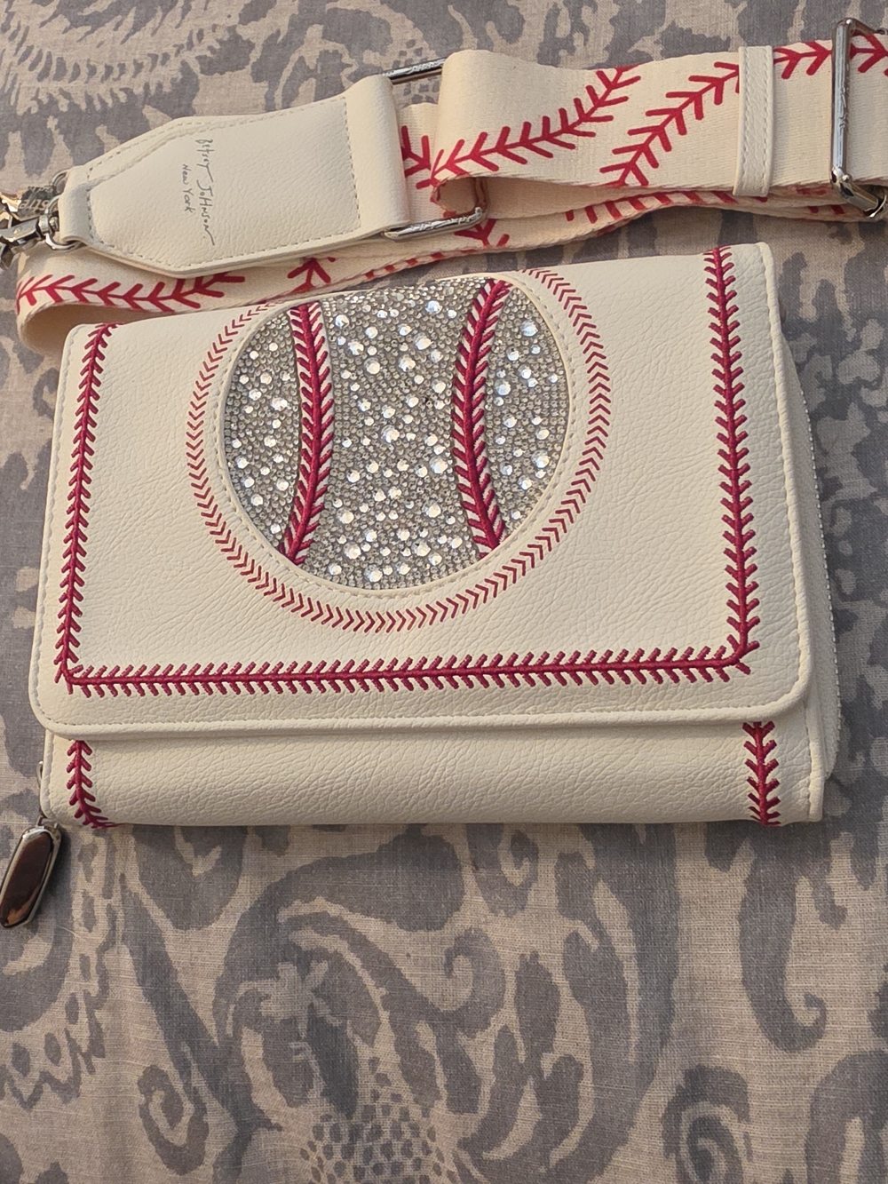 Betsey Johnson Crystal Baseball Accent White Crossbody Bag with Red Stitching